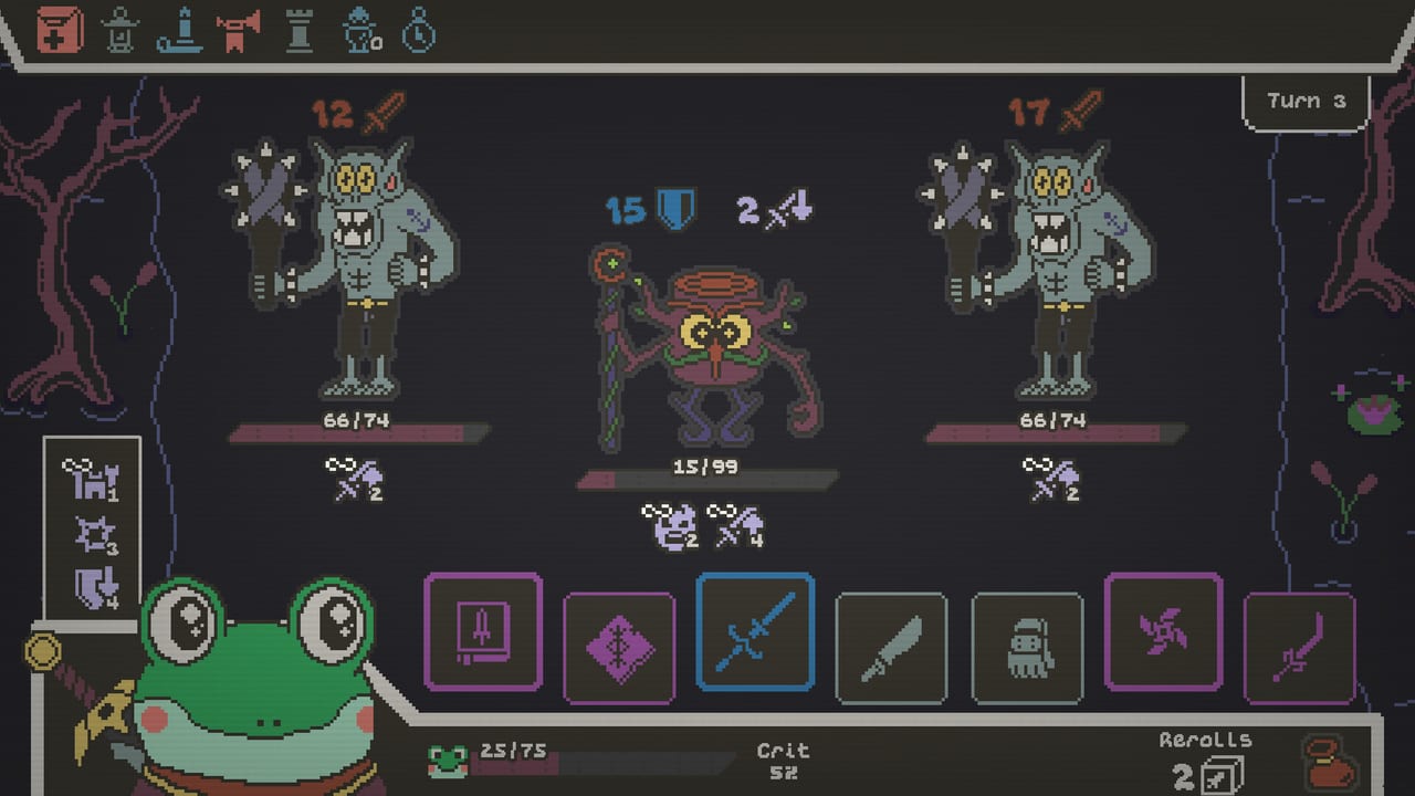 Ribbit Rogue frog hero in turn-based combat with a ten-die pool and enemy intents