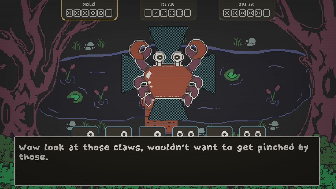 Ribbit Rogue swamp event with a giant crab and gold, dice, and relic reward tracks